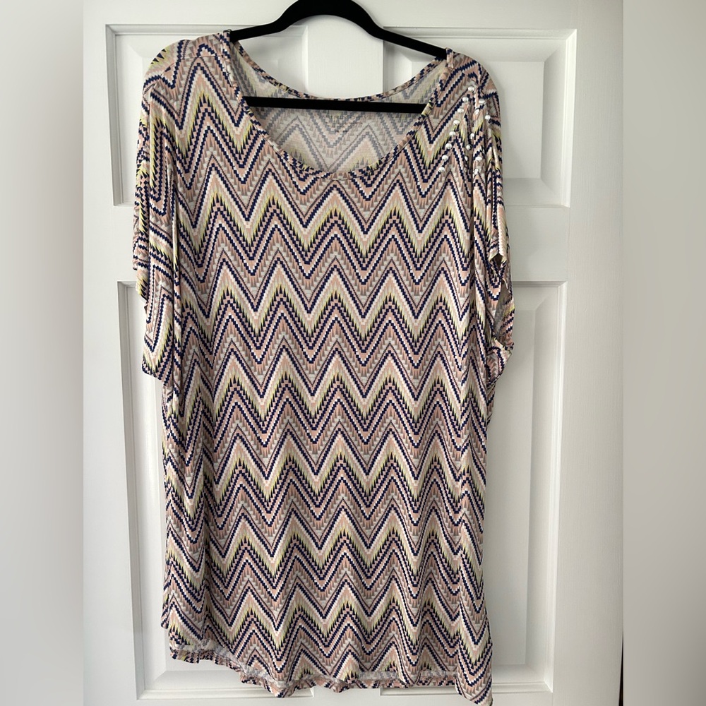 Sears Chevron Patterned Shirt Tunic Plus Size 16 /18W Blue Yellow Silver Studs